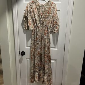 Z&L Bohemian Floral Maxi Dress Side Slit Skirt Tassle Ties Embroidery Size Med